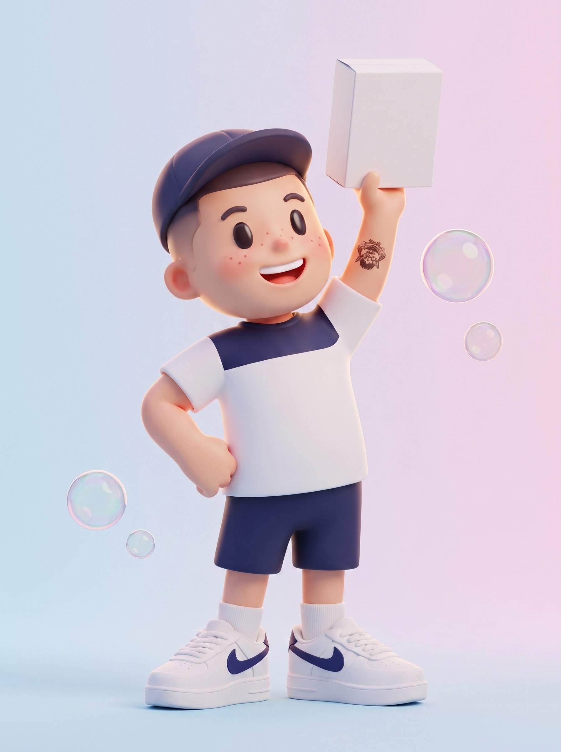 The Bubble Boy mascot as a 3D character, holding a detergent box aloft while soap bubbles drift past