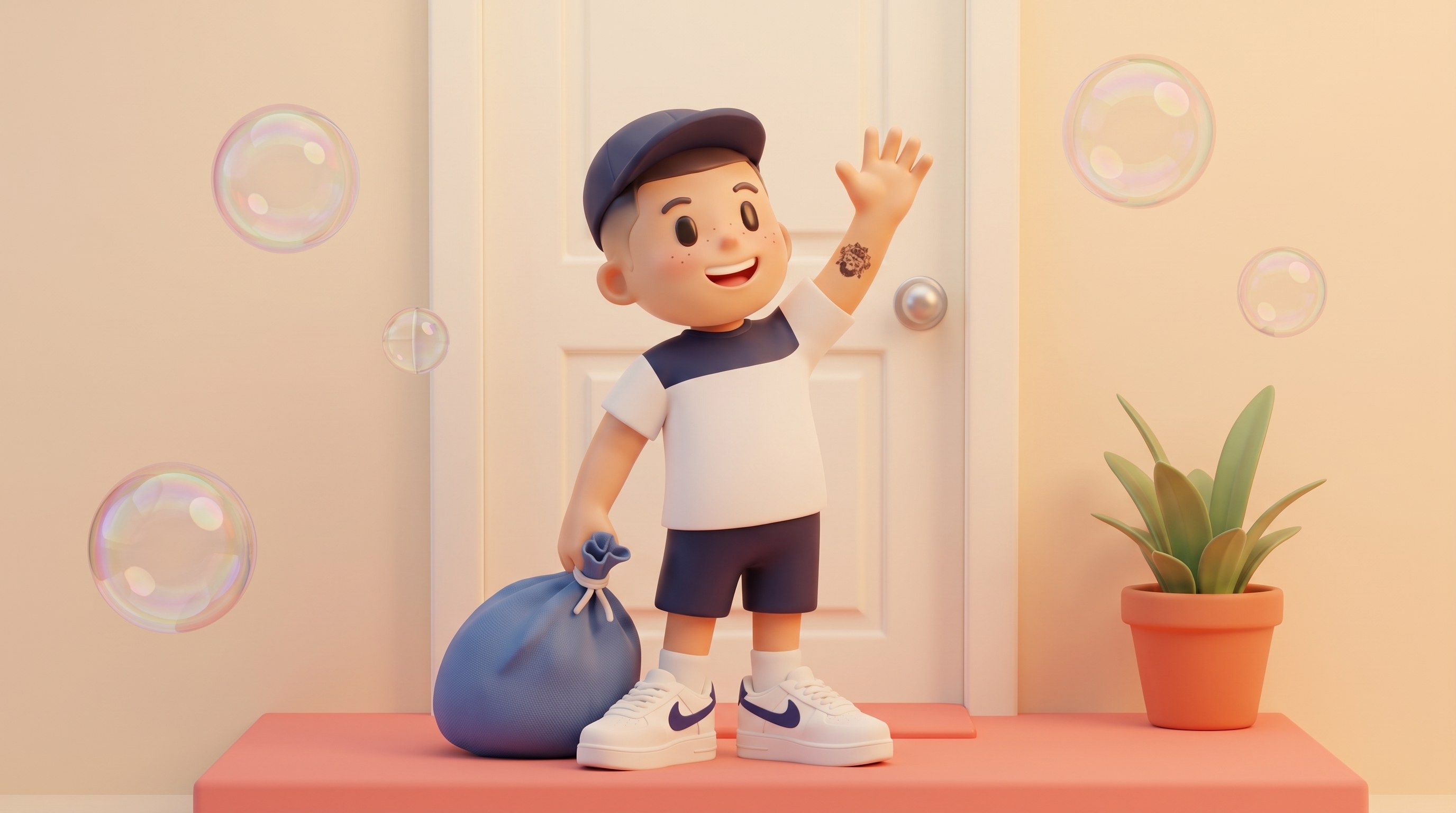 The mascot collecting a laundry bag from a front doorstep