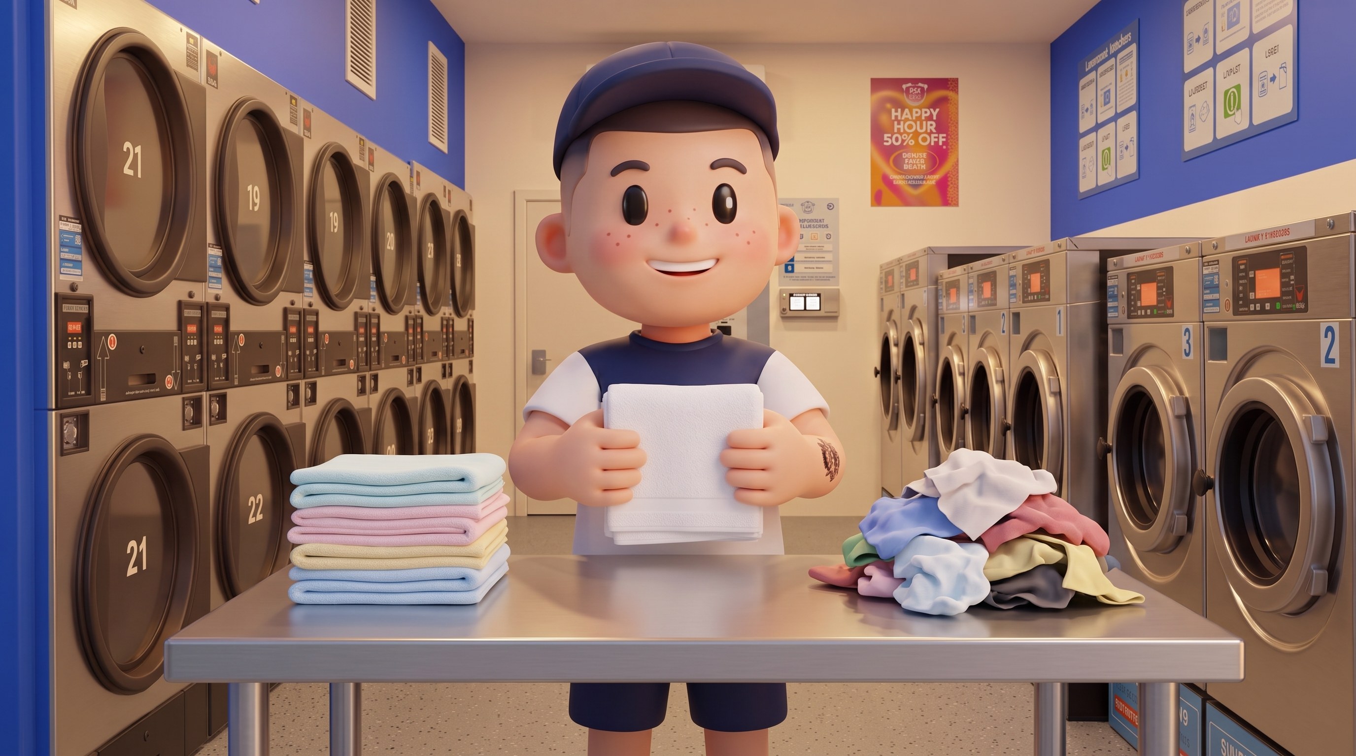 The mascot folding a towel beside a neat stack, a crumpled pile still to go