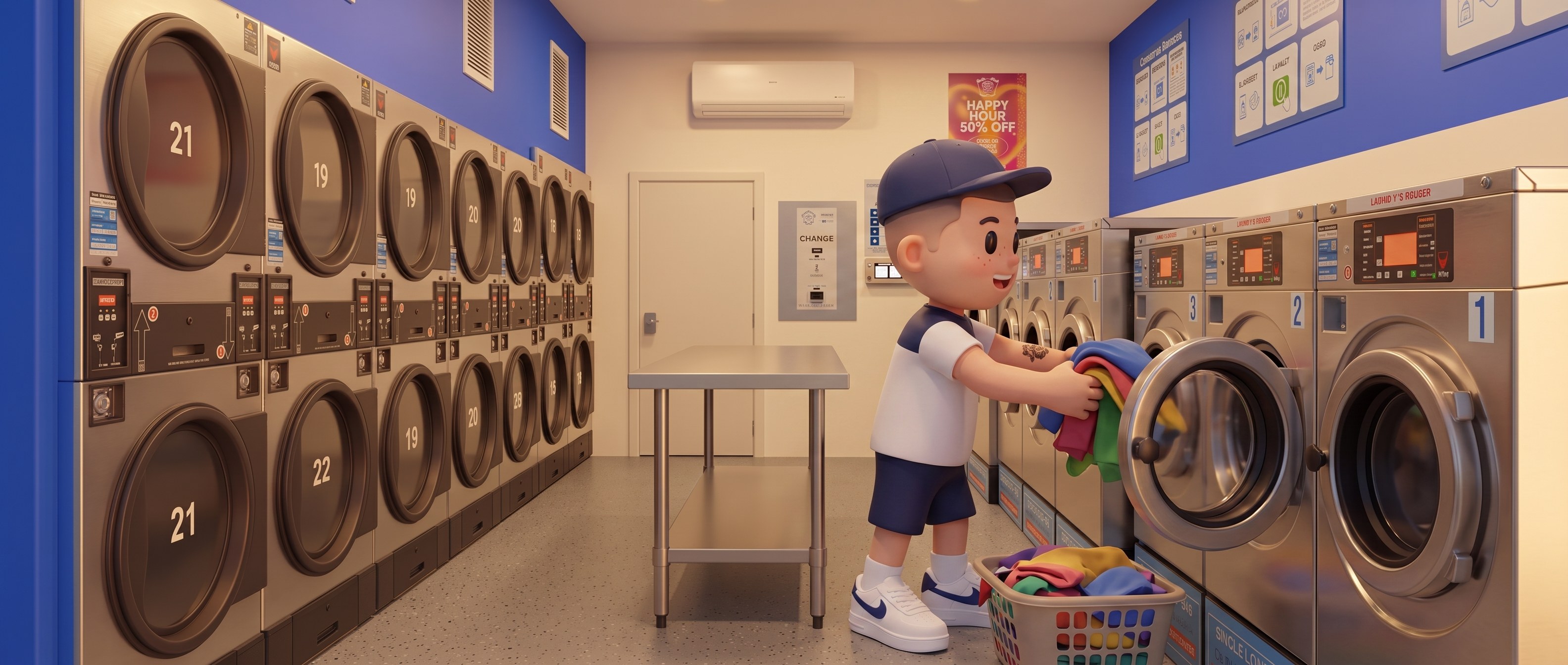 The Bubble Boy mascot pushing a bundle of washing into an open machine door