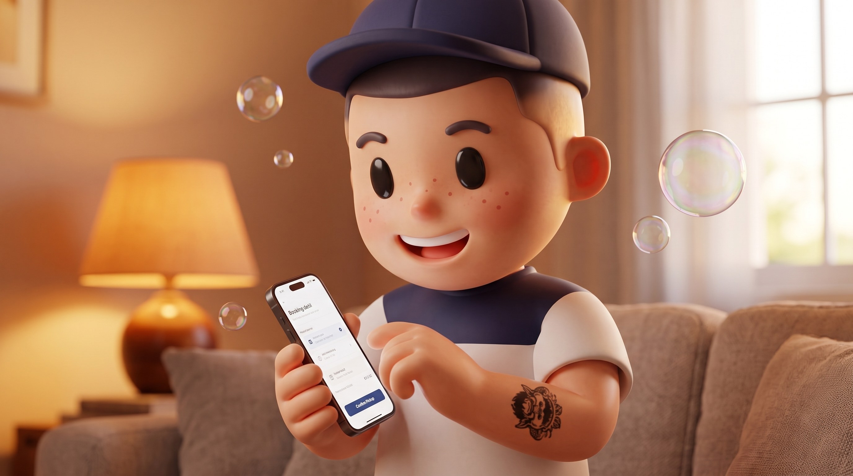 The Bubble Boy mascot booking a pickup on a phone