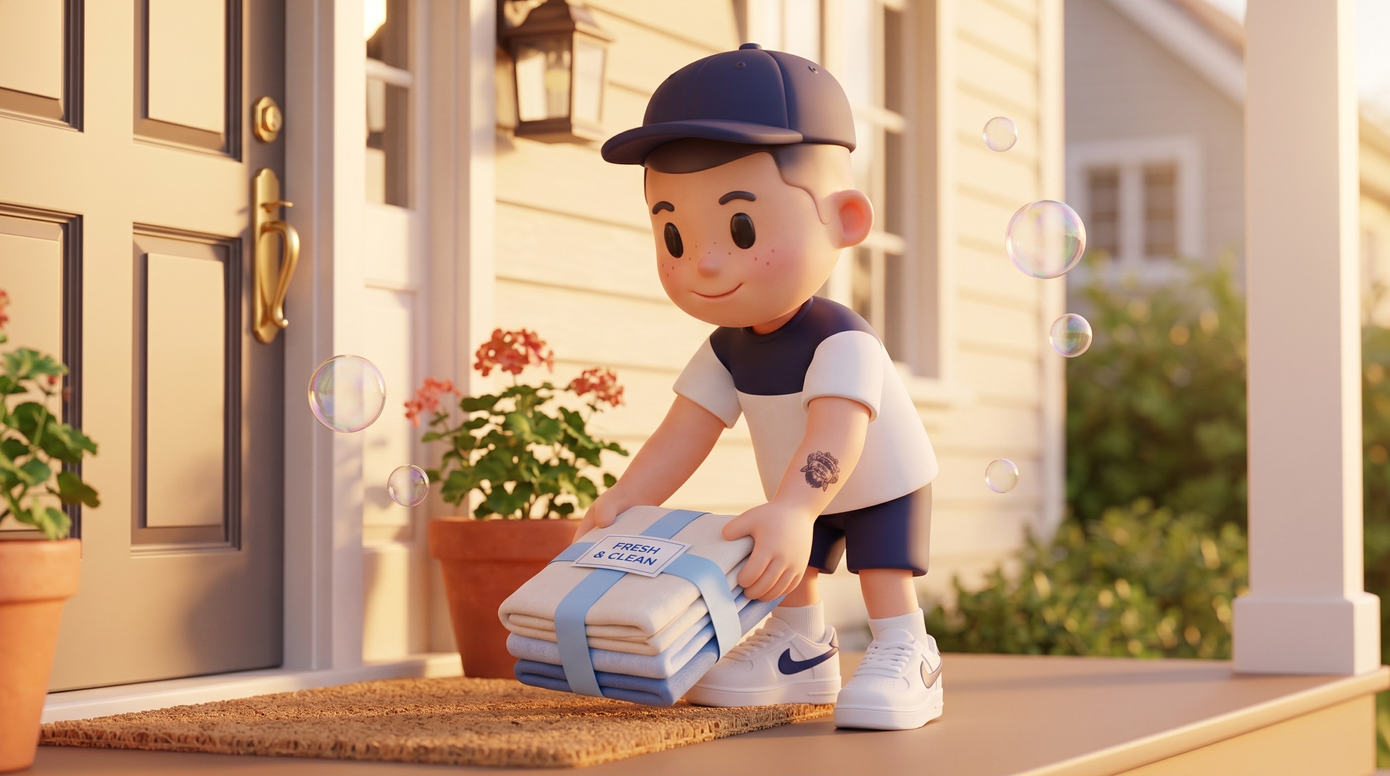 The mascot returning a neatly folded, wrapped bundle of laundry to the customer's front doorstep