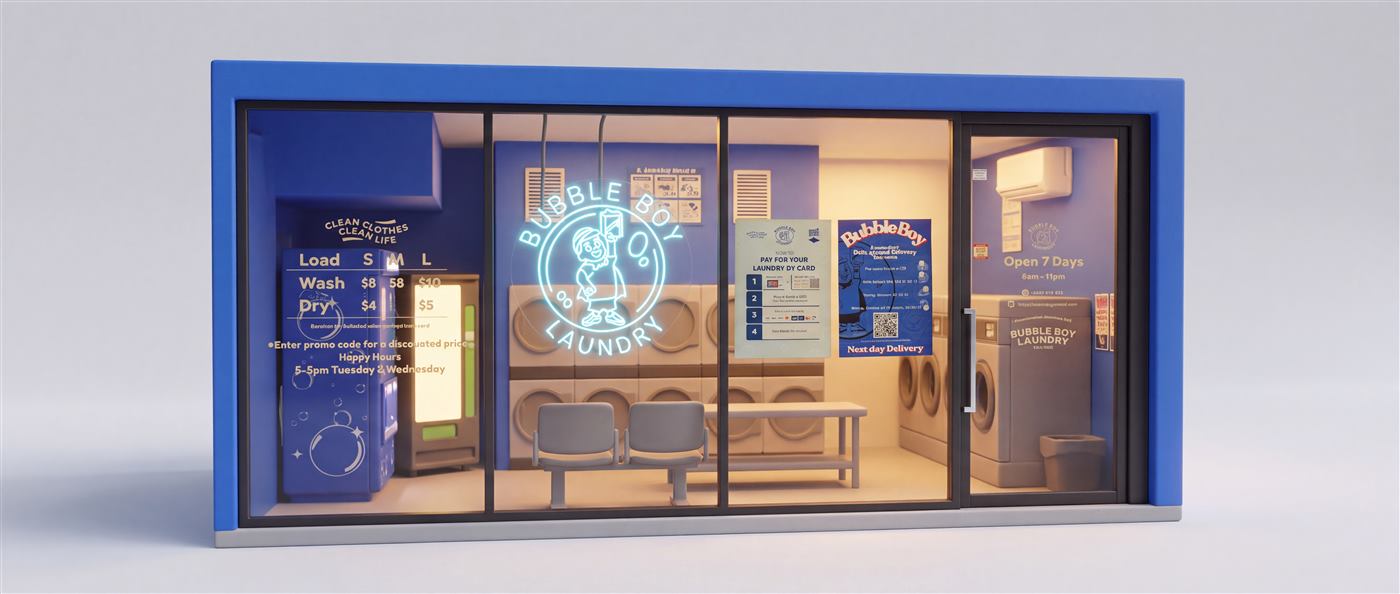 The Bubble Boy Laundry shopfront as a 3D model, glass front and glowing neon sign