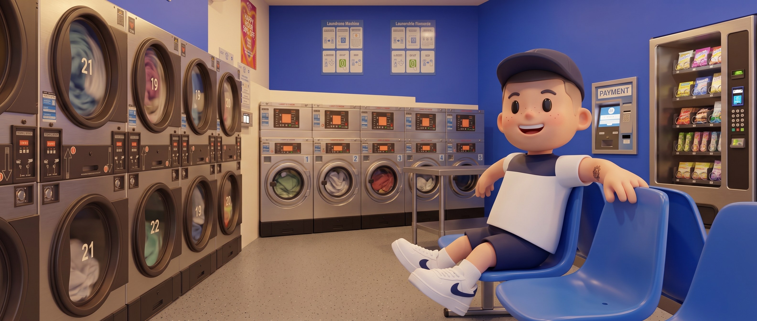 The Bubble Boy mascot sprawled across the waiting chairs while his load runs